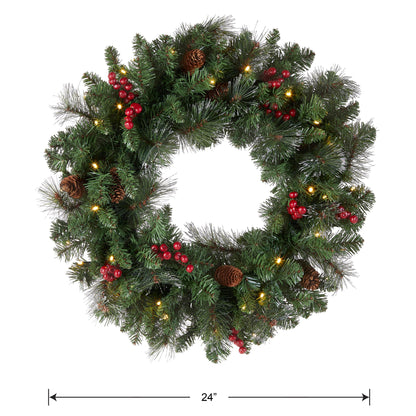 National Tree Company 24 in Pre-Lit Crestwood Spruce Artificial Christmas Wreath, Christmas Decoration with Glitter, Pinecones, Red Berries, 50 Warm White LED Lights, 160 Tips, Timer, Green