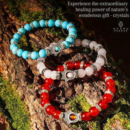 Healing Crystal Bracelet, Chakra Bracelets for Women & Men, Bracelet for Meditation, Positive Energy & Balance, Handmade Bracelets Crystal by Karma Pledge (Turquoise, Carnelian and Rose Quartz)