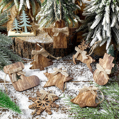 Lineshading 8 Pcs Rustic Christmas Tree Ornaments Wooden Farmhouse Christmas Ornaments Angle Snowflake Reindeer Tree Hanging Decor for Xmas Home Office Fireplace Winter (Brown,4.3 x 3.9 Inches)