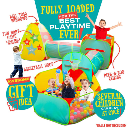 Kids Play Tent for Toddlers, 5pc Toddler Jungle Gym Playset with Ball Pit, Crawl Tunnel and Obstacle Course, Indoor Outdoor Playhouse Toy for Boys and Girls