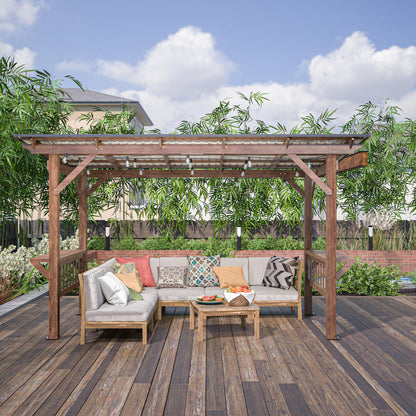 KEIKI 13' x 6.5' Wooden Grill Gazebo Metal Roof, Bulbs, Bar Counters, Patio Hardtop Grill Pergola, BBQ Canopy for Lawn, Garden, Outdoor Patio, Backyard