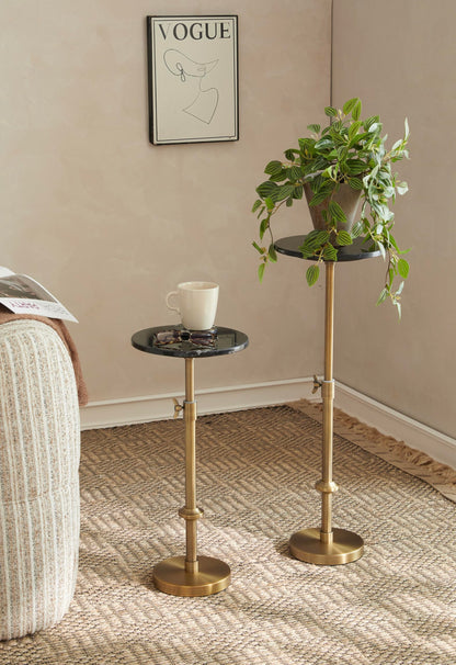 Adjustable-Height Marble Drink Table - 10x10x22-30, Black Marble & Antique Brass, Modern Round End Table, Side Table with Pedestal Stand for Small Spaces, Vintage Metal Martini Cocktail Accent