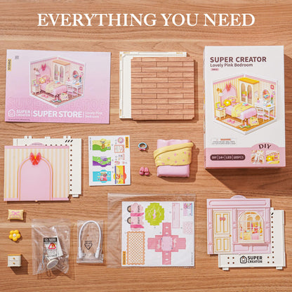 ROBOTIME Super Creator Kits, DIY Miniature House Kit with LED, Plastic Mini House, Toy Building Set, Mini Figures Construction for Teens &Adults, Craft for Home Decor Unique Gift (Lovely Pink Bedroom)