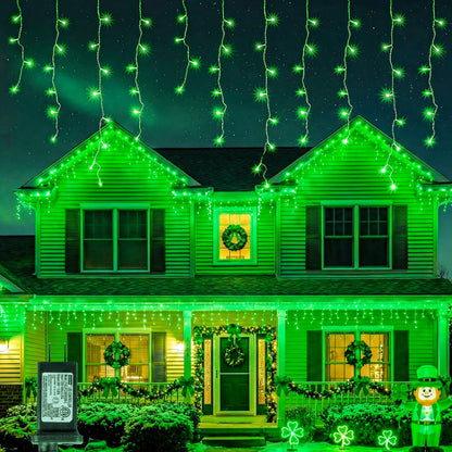 Qunlight 300LED Icicle Lights for Outside,Green Curtain Lights for St Patrick Day,8 Modes with 30V Plug in for Wedding, Party,Bedroom,Home,Garden,Outdoor,Indoor Wall,Christmas Decorations,Connectable