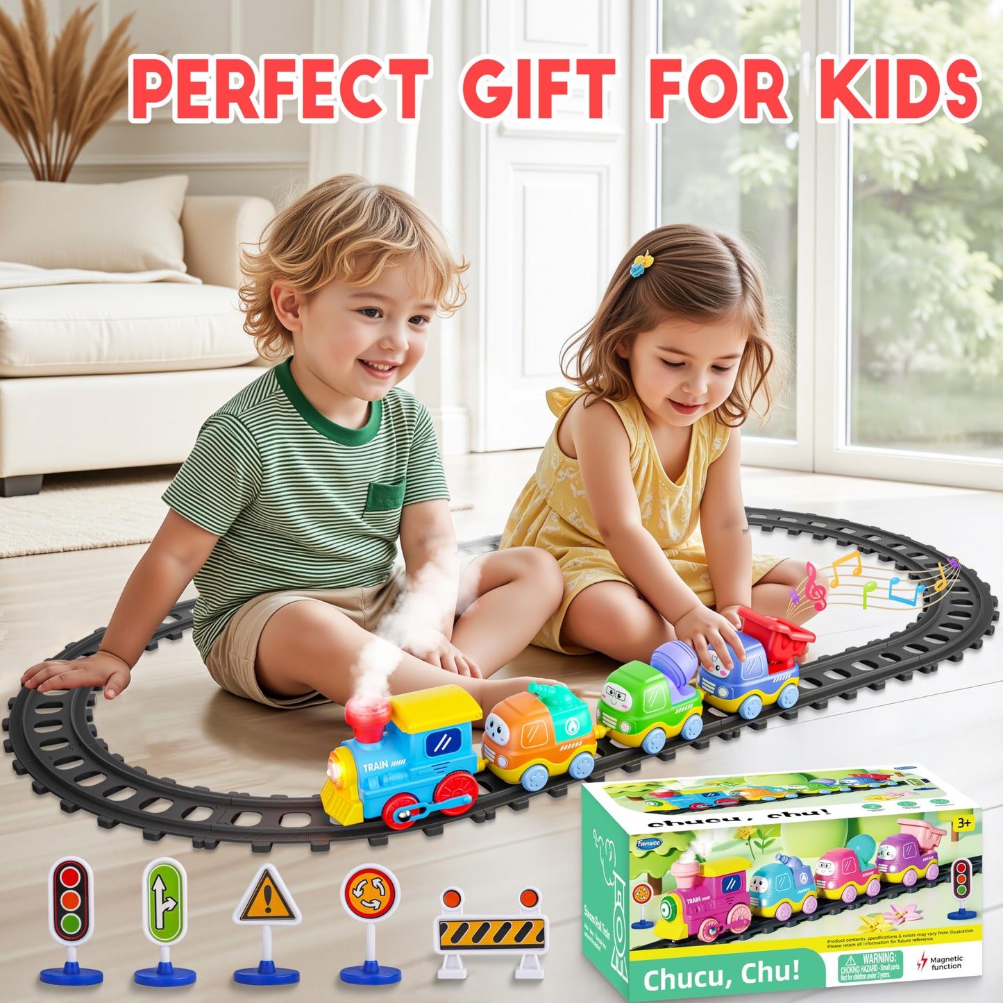 Funwee Steam Track Train Set for Toddlers, Magnetic Connection Train Toys w/Lights & Sounds, Electric Cartoon Choo Choo Train, Toy Train Christmas Birthday Gift for Toddlers 2 3 4 5+ Boy Girl (Blue)