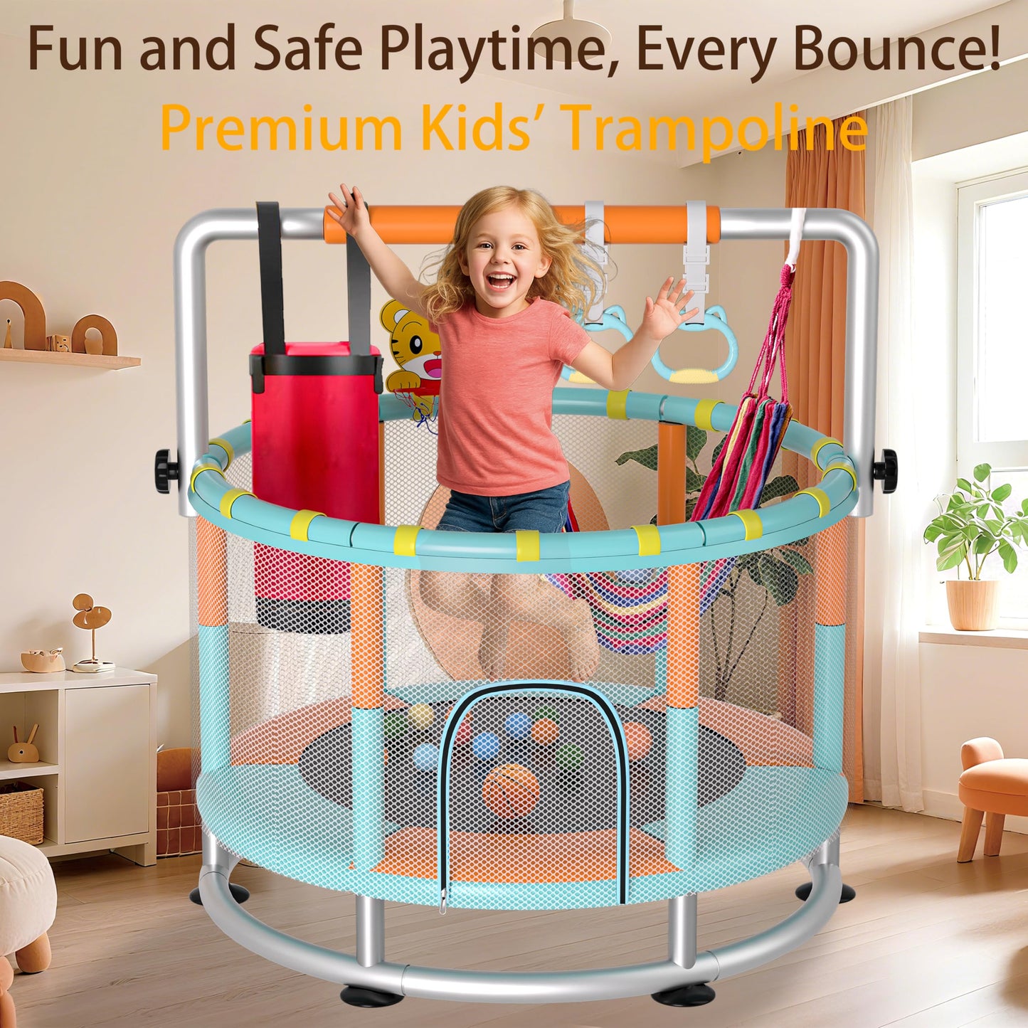 KINETRA 55" Kids Indoor Trampoline with Safety Net, Adjustable Gymnastics Bar & Toys – Indoor/Outdoor Toddler Play Gym for Boys & Girls Ages 3+, Birthday Gifts (Emerald Bounce)