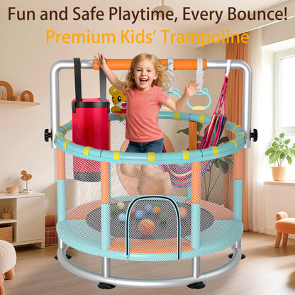 KINETRA 55" Kids Indoor Trampoline with Safety Net, Adjustable Gymnastics Bar & Toys – Indoor/Outdoor Toddler Play Gym for Boys & Girls Ages 3+, Birthday Gifts (Emerald Bounce)