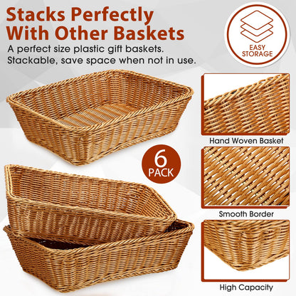 Eccliy 6 Pack Wicker Bread Baskets 15.8 Inch Woven Serving Basket for Gifts, Poly Wicker Storage Rectangle Rattan Display Trays for Bread Food Vegetables Fruit Snacks Tabletop Restaurant Home