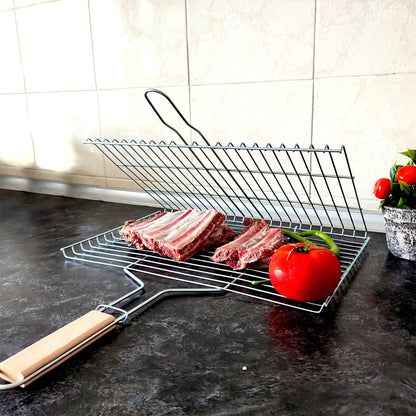 Hakan Grill Basket 11.8 x 15.8-inch for Outdoor Grill, Barbecue Basket for Fish, Steak, Chicken, Vegetables, Shish Kabob and Shrimp, Large Lockable Basket with Wooden Handle, Stainless Steel, BBQ