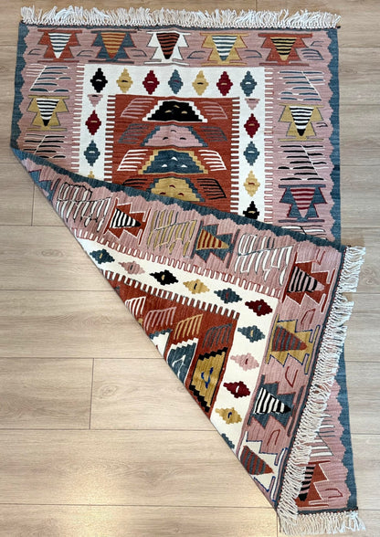 Handmade Turkish Area Rug(YORUK Kilim) - 100% Wool - 2.5x4 ft (31x48 in) Small Area Rug - Muted Earthy Tones, Traditional Geometric Pattern, Boho Decor for Bedroom, Entryway, Office