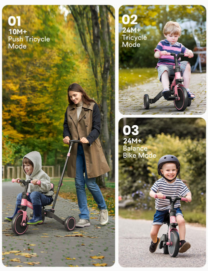 besrey 4 in 1 Toddler Bike, Toddler Tricycle for 1-3 Year Old, Trike with Push Handle, Backrest and Safety Belt, Birthday Gifts and Toys for Boys and Girls, Balance Bike