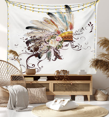 Ambesonne Feather Tapestry, Floral Arrangements Head Wear Flowers Swirls Shapes, Wide Wall Hanging for Bedroom Living Room Dorm, 60" X 40", Cream Ivory