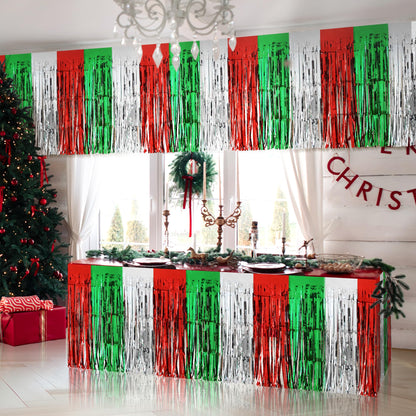 2 Pack Christmas Table Skirts, 29x108" Red & Silver & Green Metallic Foil Tinsel Fringe Table Skirts for Rectangle Tables Streamer Curtain Backdrop, Party Decoration for Xmas Birthday Wedding Holiday