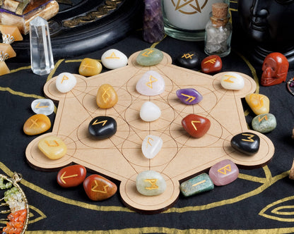 Crocon Rune Stones Sets 25 pcs Mix Chakra for Beginners with Elder Futhark Alphabets for Healing Chakra Crystals Reiki feng Shui Gemstone Runes Set Size: 15-20 mm with a Pouch & Rune brochure