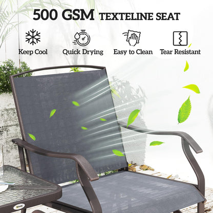 Outsunny 3 Piece Outdoor Glider Chair with Coffee Table Bistro Set, 2 Patio Rocking Swing Chairs with Breathable Sling Fabric, Glass Tabletop, for Backyard, Garden and Porch, Gray