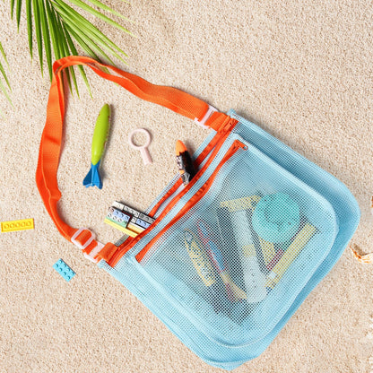 LIDAGO 5 Pcs Sand Toys Beach Set Include 1 Metal Shovel,1 Metal Rake,1 Foldable Beach Bucket & 1 Sand Sifter with 1 Mesh Beach Bag for Shells Collecting