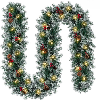Christmas Garland with Lights - 9FT Pre-Lit Flocked Garland with 50 LED Bulbs, Red Berries, Pine Cones, Artificial Pine Battery Operated Garland for Fireplace, Staircase, Indoor & Outdoor Decoration