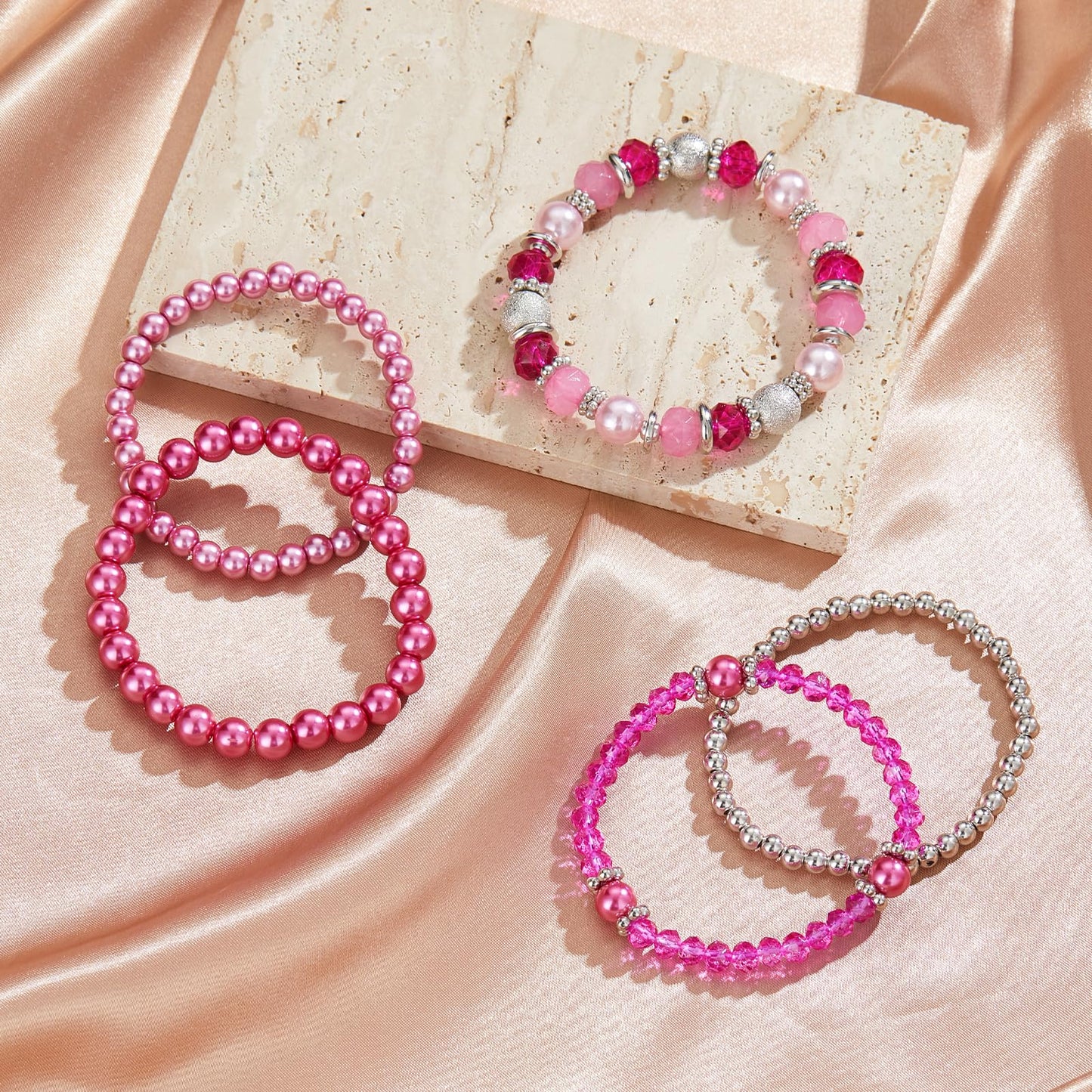 Noessla Beaded Pearl Stretch Bracelet Silver Stackable Crystal Beads Bracelets Trendy Costume Jewelry Mothers Day Gifts for Women(Hot pink)