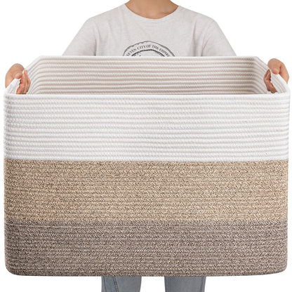 OIAHOMY 108L Super Large Blanket Basket, 25”x16”x16”(108L) Rectangle Woven Baskets for Storage, Cotton Rope Basket For Living Room, Toy Storage with Handle- Gradient Brown