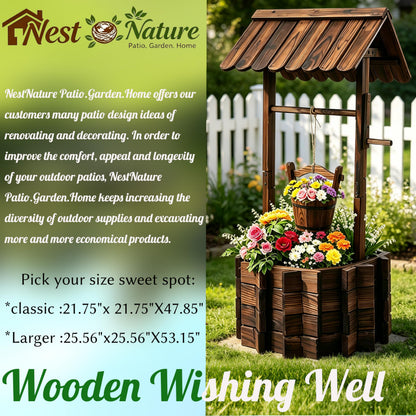 NestNature 21.75" Carbonized Wooden Wishing Well Planter for Outside, Rustic Outdoor Wishing Well with 4 Reinforced Rods & Hanging Bucket, Decorative Well Cover for Yard Garden Patio Lawn Backyard