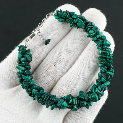 CRYSTALIS Natural Malachite Beads Braided Rope Bracelet, Chips Nuggets Beaded Gemstones, Chakra Healing Stones, Gift Giving Womens Jewelry, 925 Sterling Silver Bracelet 8 inch