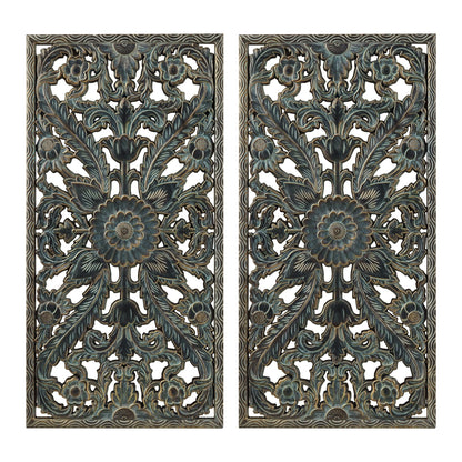 Madison Park Wall Art Living Room Décor - Floral Antiqued Wooden Carving Wall Decor Panel, Copper Embellished, Ready to Hang Wall Decor for Bedroom, 15.75"W x 31.5"L x 0.59"D, Patina Blue, 2 Piece