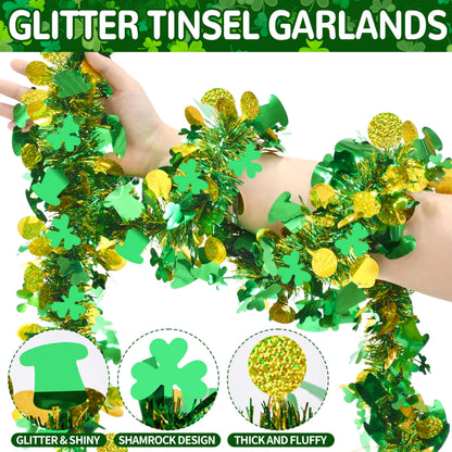 Palonu 50FT St. Patrick's Day Tinsel Garland Green Shamrock Gold Coins Metallic Tinsel Twist Garland for Irish Saint Patricks Day Party Home Decor Indoor Outdoor Decoration