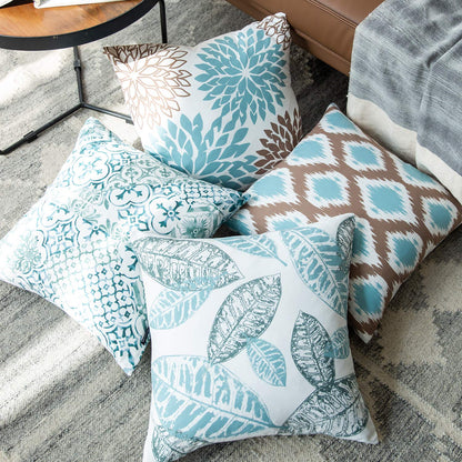 Phantoscope Set of 4 New Living Series Leaf Geometric Blue and Coffee Throw Decorative Pillow Cover Cushion Cover 18 x 18 inches 45 x 45 cm