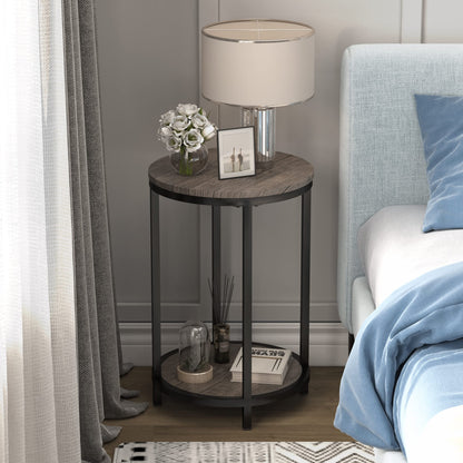 NSdirect Round Side Table,16in Rustic Wooden End Table Surface Top & Sturdy Metal Legs Nightstand for Living Room Bedroom Farmhouse Sofa Table with Storage Open Shelf,Light Walnut