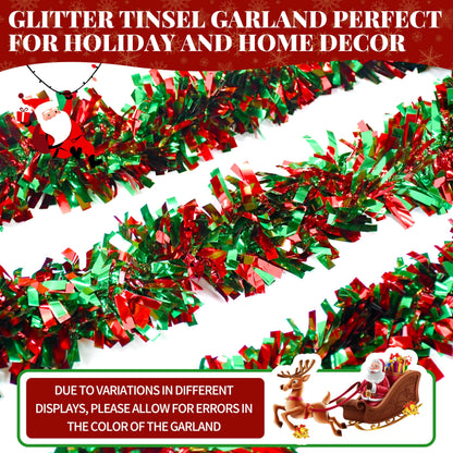 66 Ft Christmas Tinsel Garland Thick Tinsel Garland Xmas Tree Decorations Metallic Tinsel Twist Garland for Christmas, Birthday, Party Decor Indoor Outdoor Party Supplies (Green-Red)
