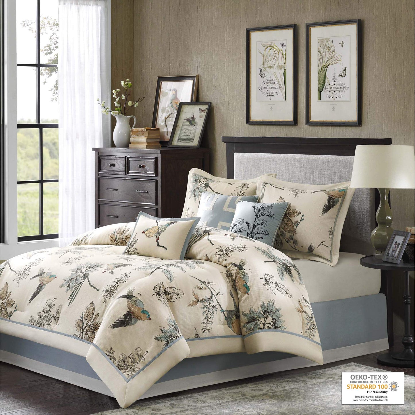 Madison Park Quincy Cozy Comforter Nature Scenery Design - All Season Bedding, Matching Bed Skirt, Decorative Pillows, Quincy, Leaf & Bird Khaki Cal King(104"x92") 7 Piece