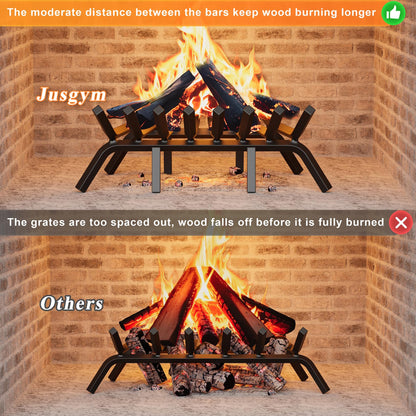 Jusgym Fireplace Grate 24 Inch with 8 Support Legs, Solid Steel Heavy Duty Fireplace Log Holder with Fire Log Tongs & Fire Poker, Fireplace Log Grate for Indoor Fireplace and Outdoor In-ground Firepit
