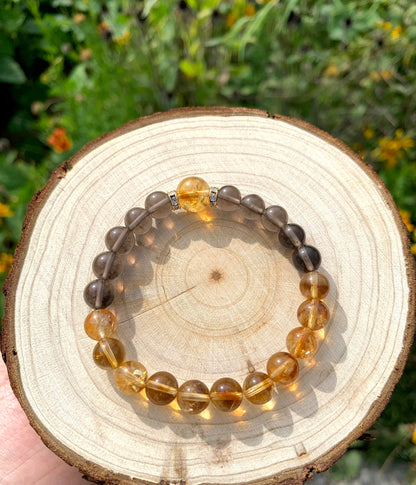 Handmade Genuine Citrine&Smoky Quartz Beads Bracelet, ABUNDANCE GROUNDING STONE Healing Crystals Birthstone Chakra Adjustable Stretch Bangle Cuff Jewelry Gift for Women Men