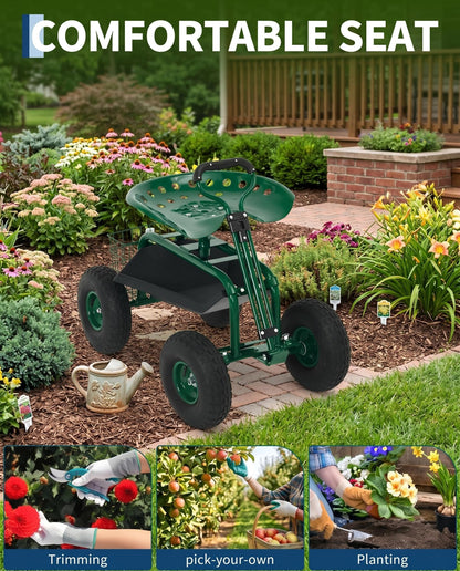 Heavy Duty Garden Cart, Garden Scooter Rolling Work Seat, 360° Swivel with 10-Inch All-Terrain Inflatable Tires, Extendable Steering Handle & Metal Tool Tray for Planting, Weeding, Yard Work