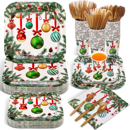 Ziliny 350 Pcs Christmas Party Supplies Christmas Tree Hanging Ball Party Tableware Set Square Paper Plates Disposable Napkins Cups Plastic Cutlery for Xmas Holiday Serves 50 Guests(Xmas Ball)