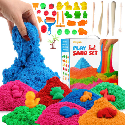Sleepah Play Sand Sensory Sand Set for Boys & Girls Age 3 4 5 6 7 8 No Mess Never Dries Out Toy Perfect for Shaping Squeezing Scooping Rolling Molding – 31p Set 5 Colors Large Arts & Crafts Set Gift