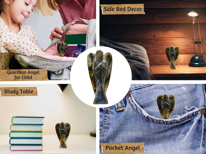 Amazing Gemstone Labradorite Crystal Guardian Angel Figurines Ornament for Healing Birthstone, Decoration Statue (Hand Carved Pocket Gemstone Angel) (3 inch)