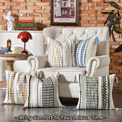 AmHoo Set of 2 Chenille Striped Textured Boho Throw Pillow Covers Aesthetic with Tassels Woven Decorative Pillow Case for Couch Bed Sofa Bedroom Modern Funky 18 x 18-Inch Grey