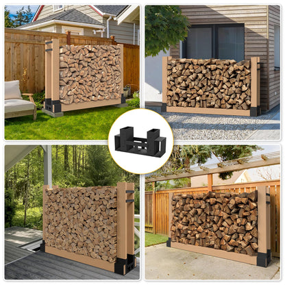 Jusgym Firewood Rack Outdoor Indoor, Heavy-Duty Plastic Firewood Rack Brackets Kit with 4 Support Bars, 3.5mm Thick Adjustable Fire Wood Storage Racks with Drainage Holes, Set of 2