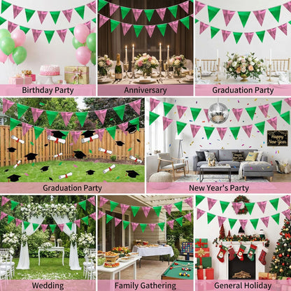 64ft Green and Pink Triangle Pennant Banner Flag Metallic Paper Bunting Garland for Hanging Backdrop Birthday Decorations Graduation Bachelorette Bridal Wedding Shower Party Supplies