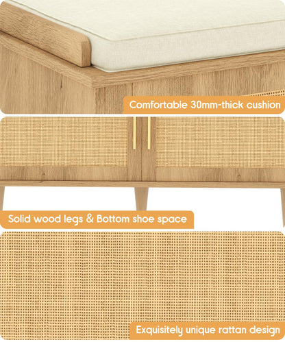 Akxomel Rattan Shoe Storage Bench with Cushion, 2-Tier Entryway Bench with Adjustable Shelves and 2 Doors, 15" D x 39.4" W x 20" H, Solid Wood Legs, for Hallway, Living Room, Bedroom, Natural Oak
