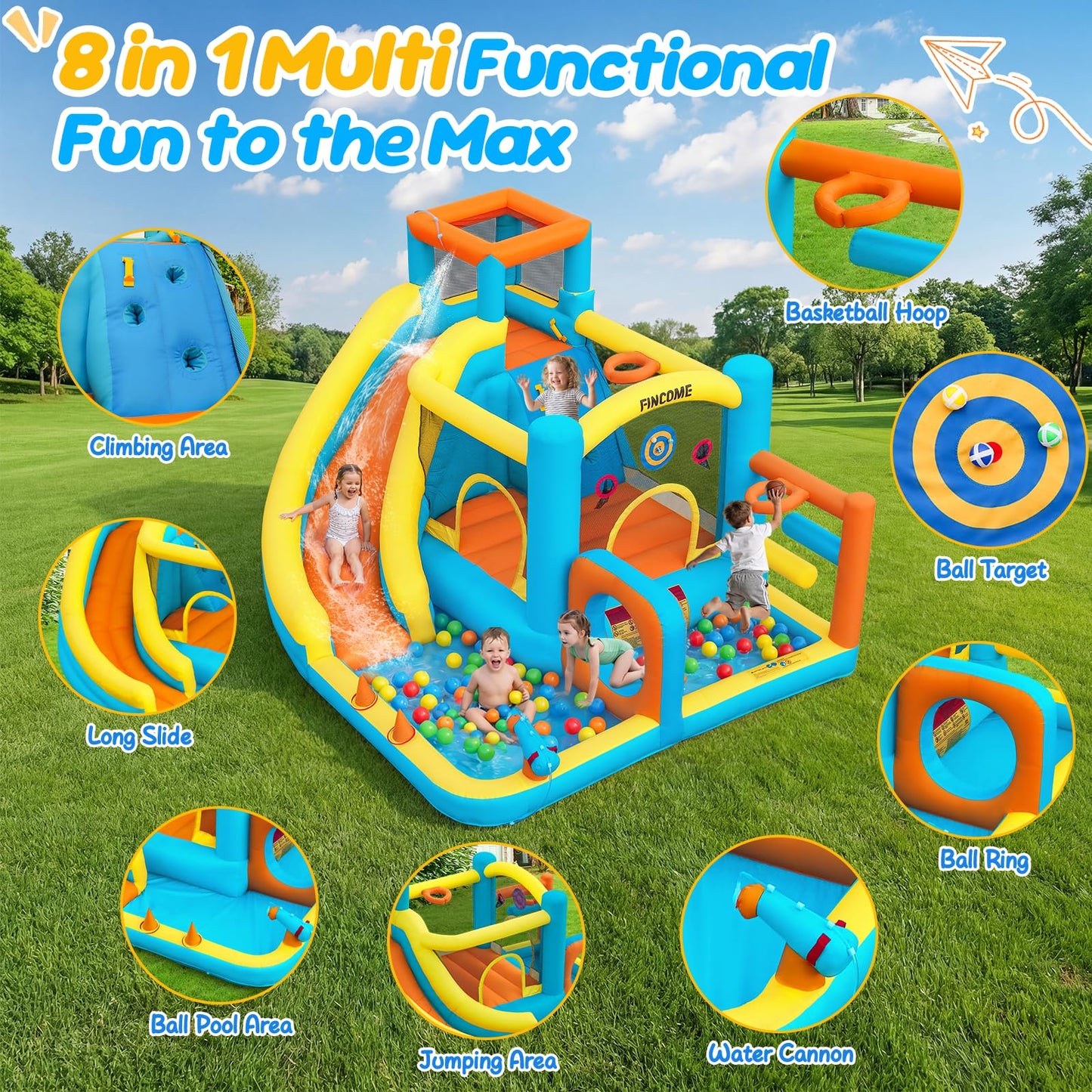 Inflatable Bounce House for Kids Inflatable Water Park with 550W Blower, Ball Shooting, Climbing Wall, Jumping, Kids Bouncy Castle for Outdoor Indoor Backyard Water Slide Summer Party 12 * 9.7 * 7FT