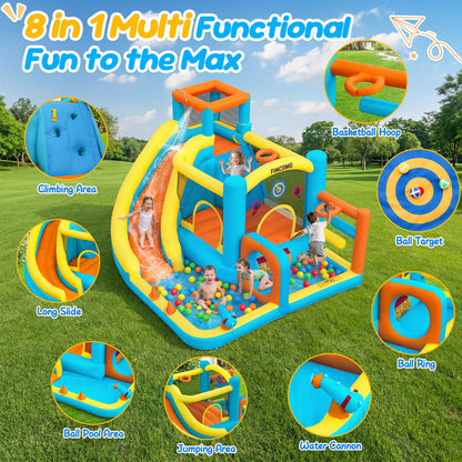 Inflatable Bounce House for Kids Inflatable Water Park with 550W Blower, Ball Shooting, Climbing Wall, Jumping, Kids Bouncy Castle for Outdoor Indoor Backyard Water Slide Summer Party 12 * 9.7 * 7FT