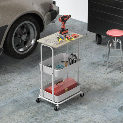 Simple Houseware 2-Tier Rolling Utility Cart with Lockable Wheels and Wood Top, Metal Storage Organizer Trolley for Kitchen, Bathroom, Office, Craft Room, Maple