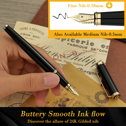 BEILUNER Black Personalized Fountain Pen,Stunning Luxury Lacquer,24K Gilded Nib(Fine),Gorgeous 24K Gold Finish, Ink Converter,Fancy Office Gift for Men&Women-Elegant, Graduation,Nice Pens for Writing