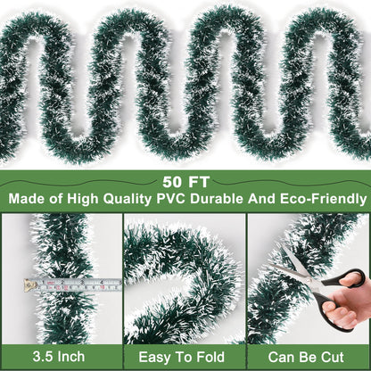 50FT Green White Christmas Tinsel Garland, Metallic Twist Xmas Garland for Christmas Tree Decorations, Holiday Hanging Garlands for Mantel Staircase Fireplace Indoor Outdoor Home Party Decor