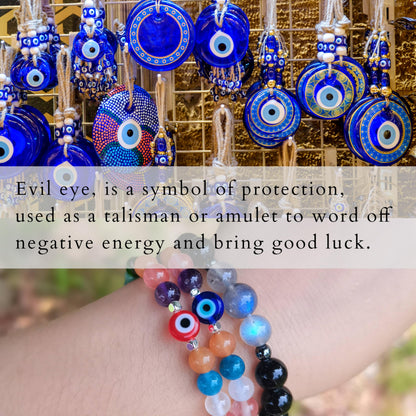 DLYFNVEV Blue Evil Eye Bracelet Triple Protection Healing Crystal Beads Colorful Gemstone for Women Rainbow Good Lucky Natural Stone Charm Boho Bohemian Jewelry empath health Gifts