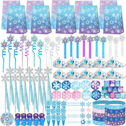 Fumogym 234PCS Frozen Party Favors Supplies Decorations Kit Include Goodies Bags, Straws, Bubble Wands, Crowns, Magic Wands, Notebook, Cake Toppers & More