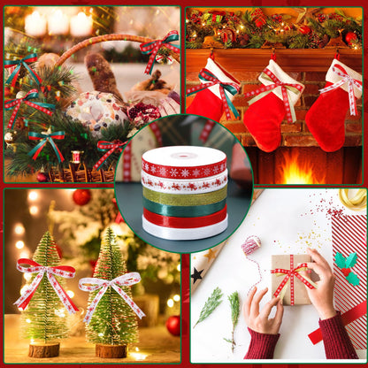 6 Rolls Christmas Ribbon for Crafts 3/8 Inch Glitter Fabric Holiday Festival Grosgrain Ribbon for Wrapping Decoration Floral Bows Craft(Gingerbread)