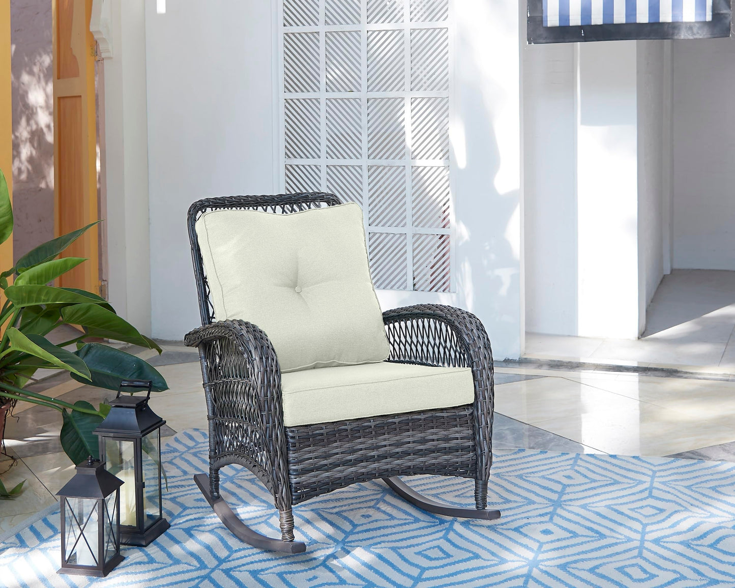 Manhattan Comfort Fruttuo Outdoor Rocking Chair with Removable Waterproof Cushions, Made of Steel Rattan, Weather-Resistant Patio Rocker with Curved Edge and Sturdy Steel Frame, Cream